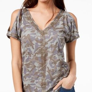 INC cold shoulder glam camo t